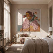 Tulips Lean Toward Her - striped woman with tulips by Marcus Lau, Retro Modern square wall art – styled room scene view 3