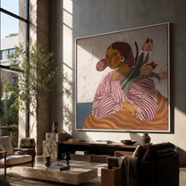 Tulips Lean Toward Her - striped woman with tulips by Marcus Lau, Retro Modern square wall art – styled room scene view 4
