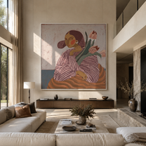 Tulips Lean Toward Her - striped woman with tulips by Marcus Lau, Retro Modern square wall art – styled room scene view 5