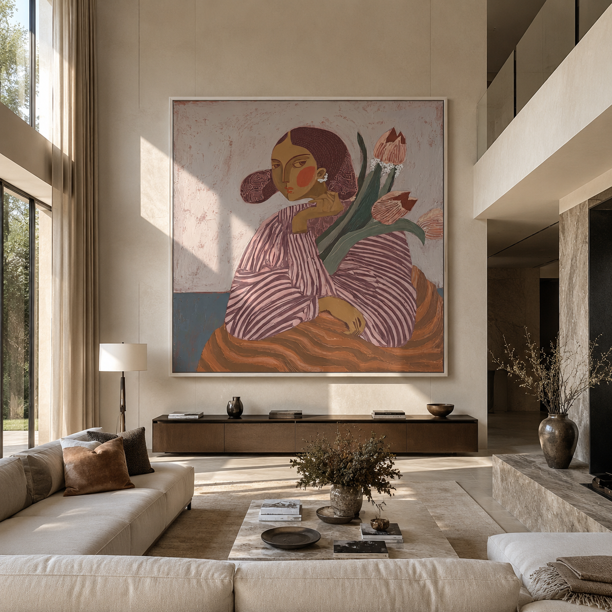 Tulips Lean Toward Her - striped woman with tulips by Marcus Lau, Retro Modern square wall art – styled room scene view 5