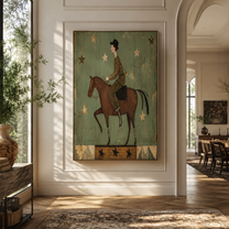 Starlight Follows Quiet Rider - rider under green stars by Marcus Lau, Retro Modern vertical wall art – styled room scene view 1