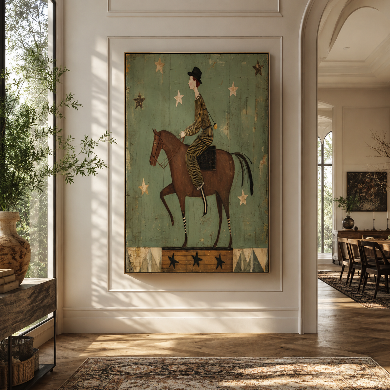 Starlight Follows Quiet Rider - rider under green stars by Marcus Lau, Retro Modern vertical wall art – styled room scene view 1