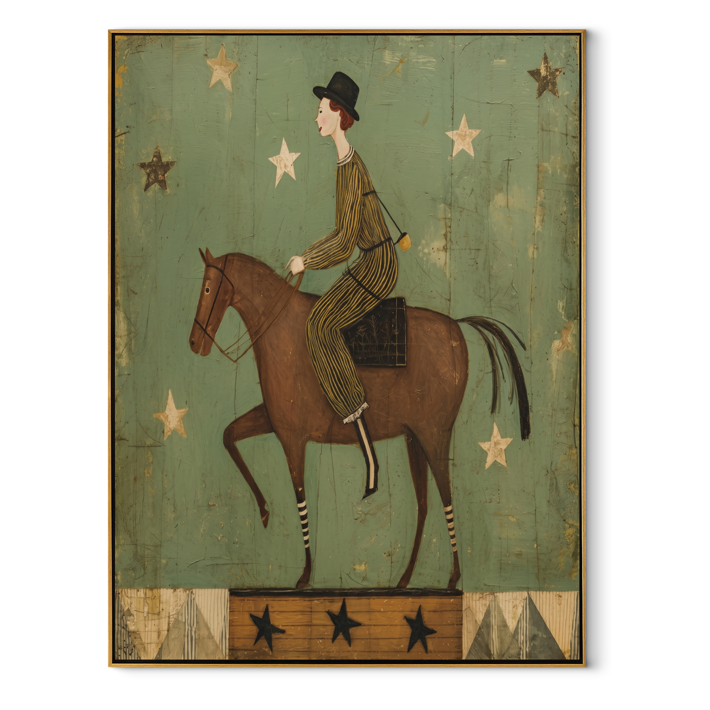 Starlight Follows Quiet Rider - rider under green stars by Marcus Lau, Retro Modern vertical wall art – wood frame on white background