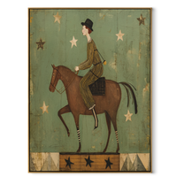 Starlight Follows Quiet Rider - rider under green stars by Marcus Lau, Retro Modern vertical wall art – wood frame on white background