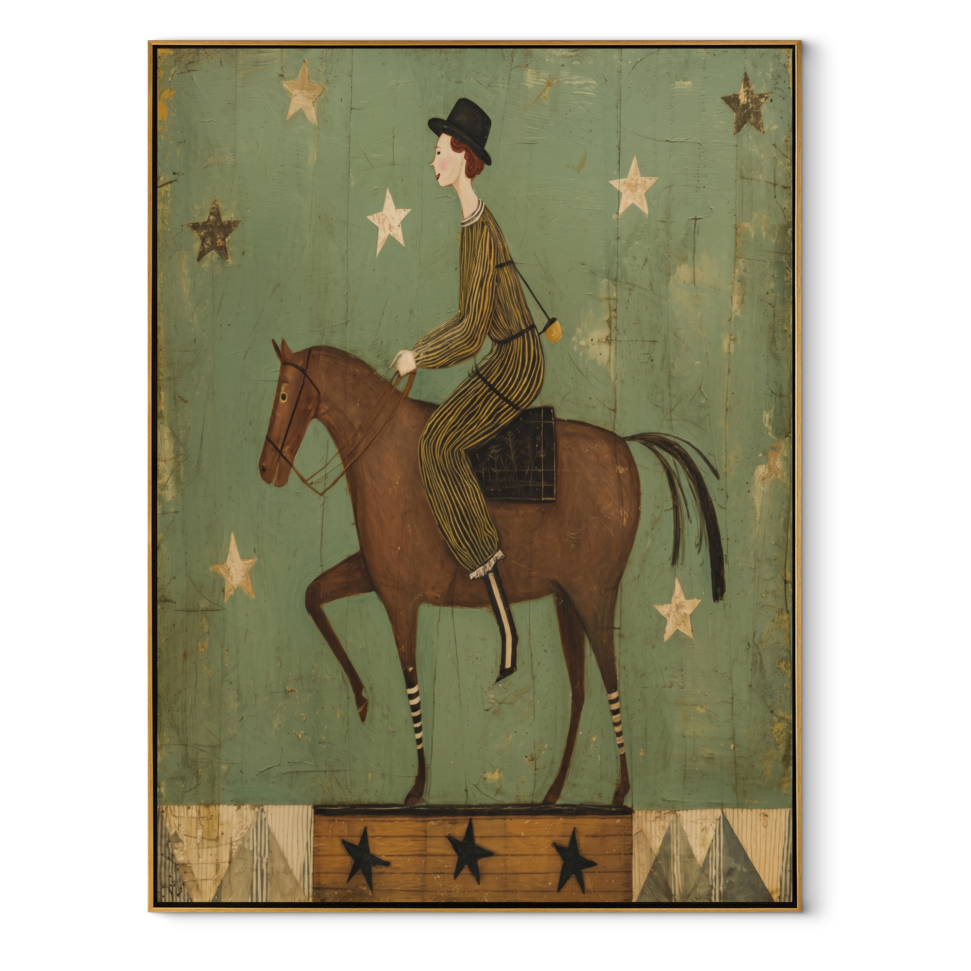 Starlight Follows Quiet Rider - rider under green stars by Marcus Lau, Retro Modern vertical wall art – wood frame on white background