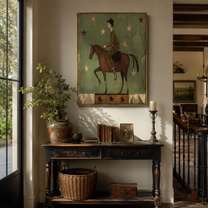 Starlight Follows Quiet Rider - rider under green stars by Marcus Lau, Retro Modern vertical wall art – styled room scene view 2