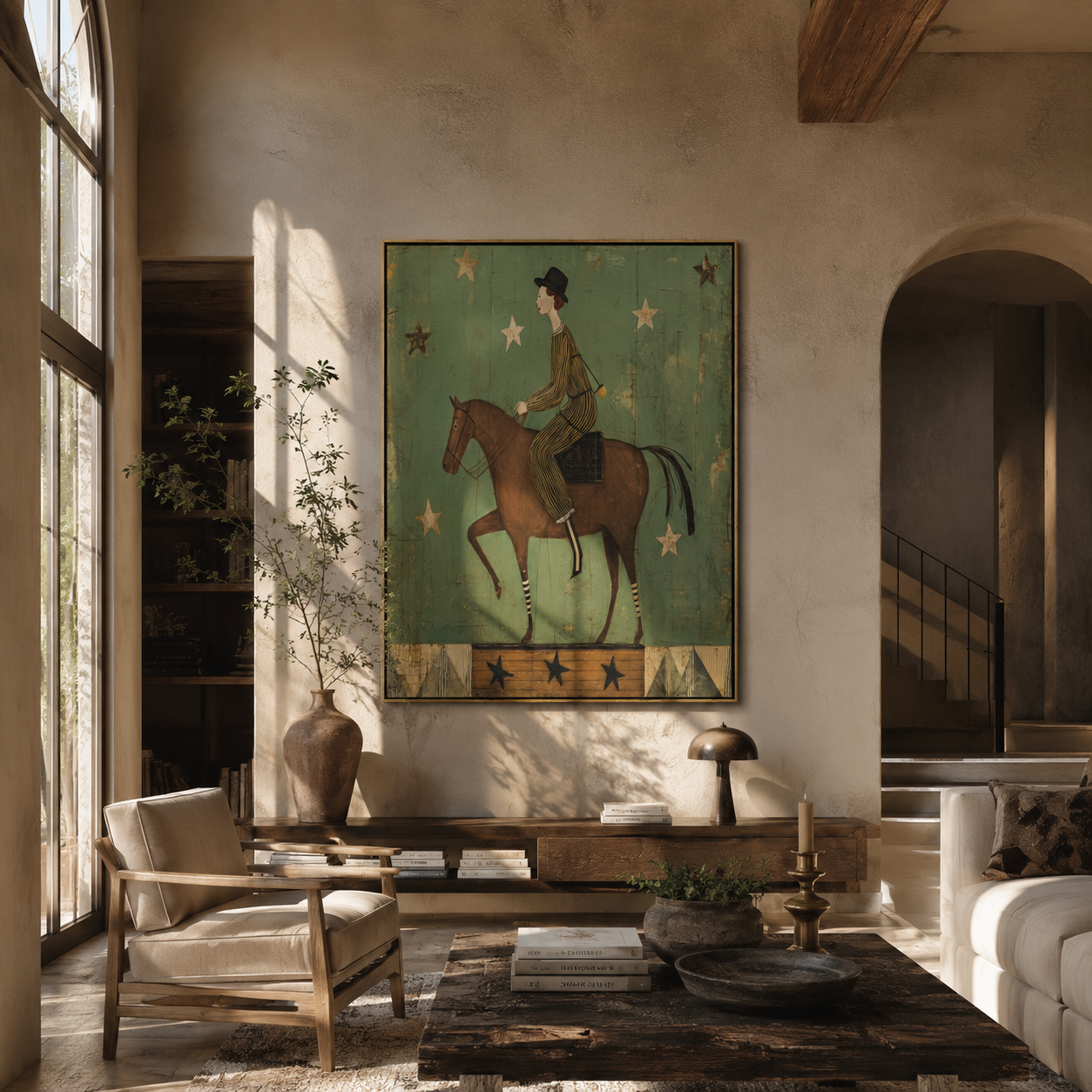 Starlight Follows Quiet Rider - rider under green stars by Marcus Lau, Retro Modern vertical wall art – styled room scene view 3