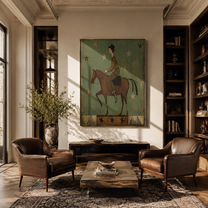 Starlight Follows Quiet Rider - rider under green stars by Marcus Lau, Retro Modern vertical wall art – styled room scene view 4