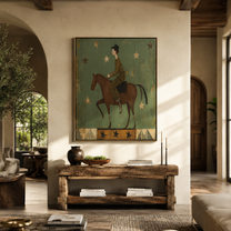Starlight Follows Quiet Rider - rider under green stars by Marcus Lau, Retro Modern vertical wall art – styled room scene view 5