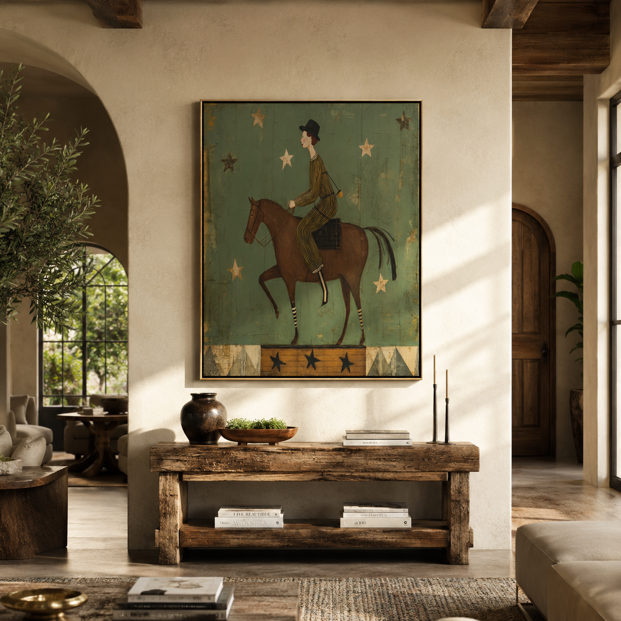 Starlight Follows Quiet Rider - rider under green stars by Marcus Lau, Retro Modern vertical wall art – styled room scene view 5
