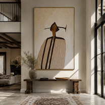 Long Coat Divides Ivory - elongated ivory coat figure by Marcus Lau, Retro Modern vertical wall art – styled room scene view 1