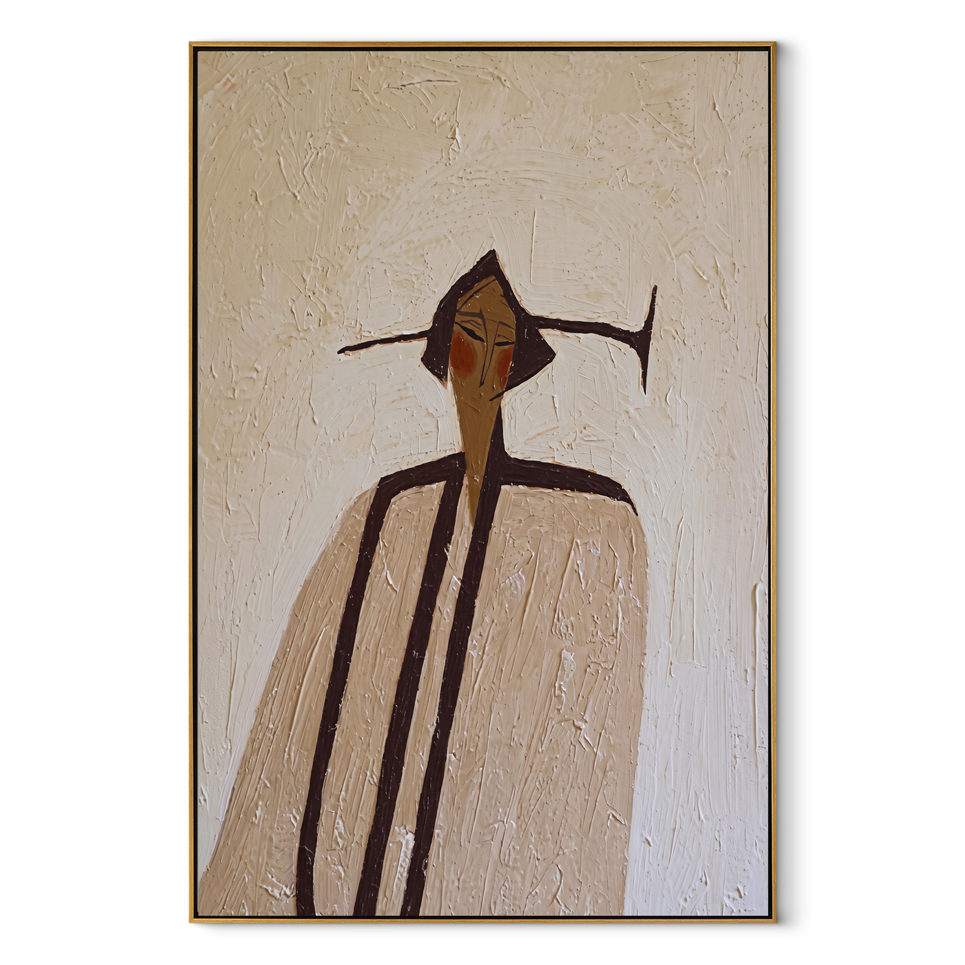 Long Coat Divides Ivory - elongated ivory coat figure by Marcus Lau, Retro Modern vertical wall art – wood frame on white background