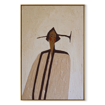 Long Coat Divides Ivory - elongated ivory coat figure by Marcus Lau, Retro Modern vertical wall art – wood frame on white background