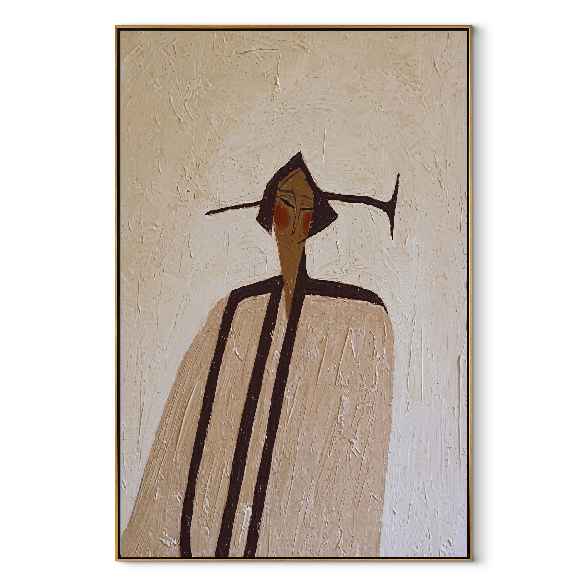 Long Coat Divides Ivory - elongated ivory coat figure by Marcus Lau, Retro Modern vertical wall art – wood frame on white background