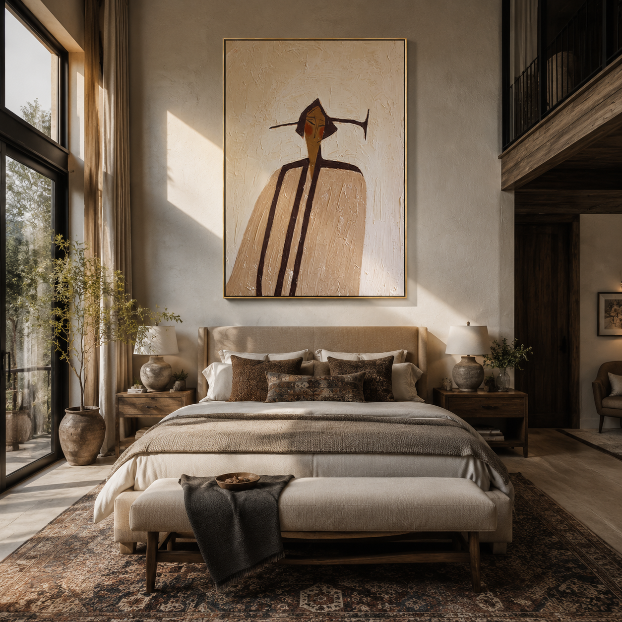 Long Coat Divides Ivory - elongated ivory coat figure by Marcus Lau, Retro Modern vertical wall art – styled room scene view 3