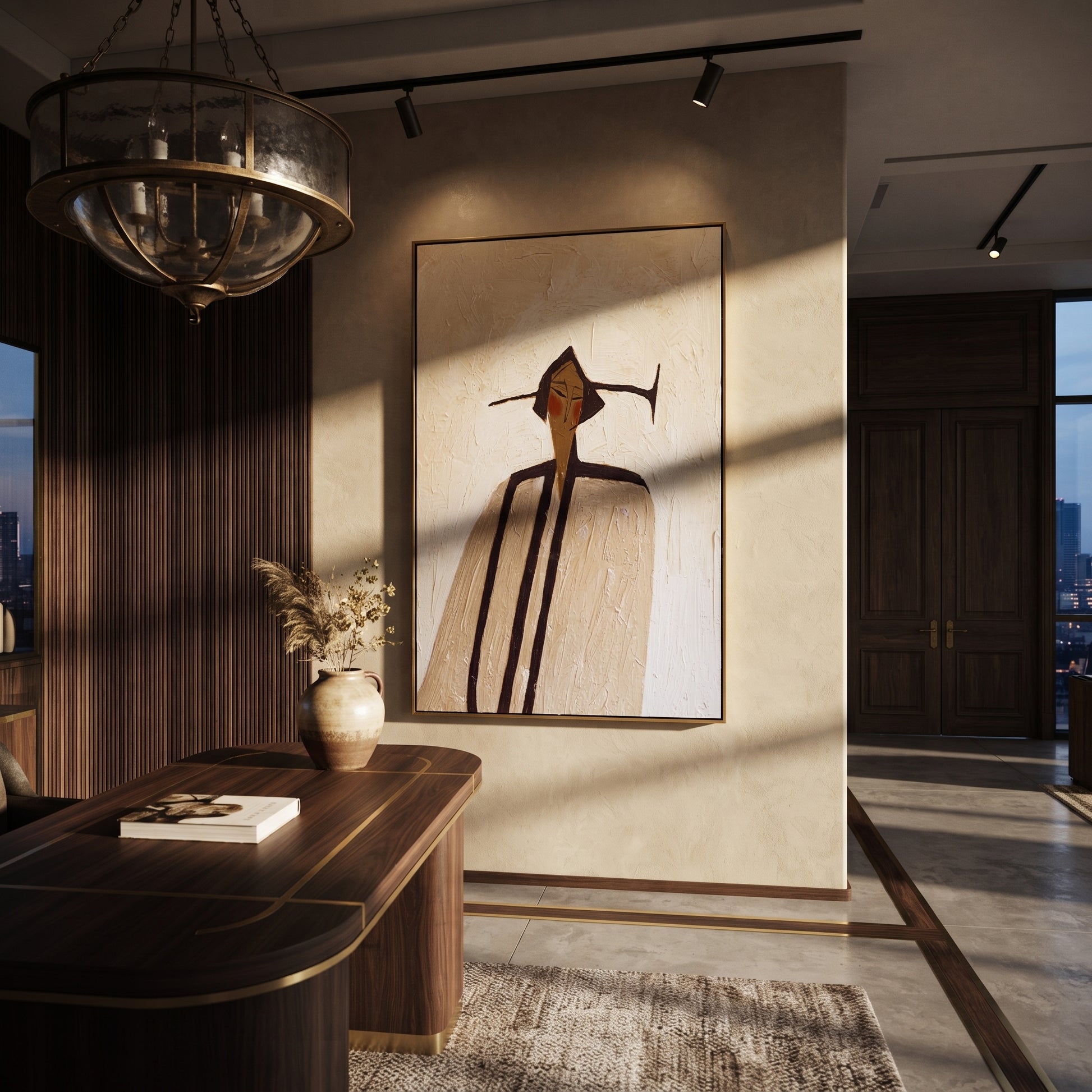 Long Coat Divides Ivory - elongated ivory coat figure by Marcus Lau, Retro Modern vertical wall art – styled room scene view 4
