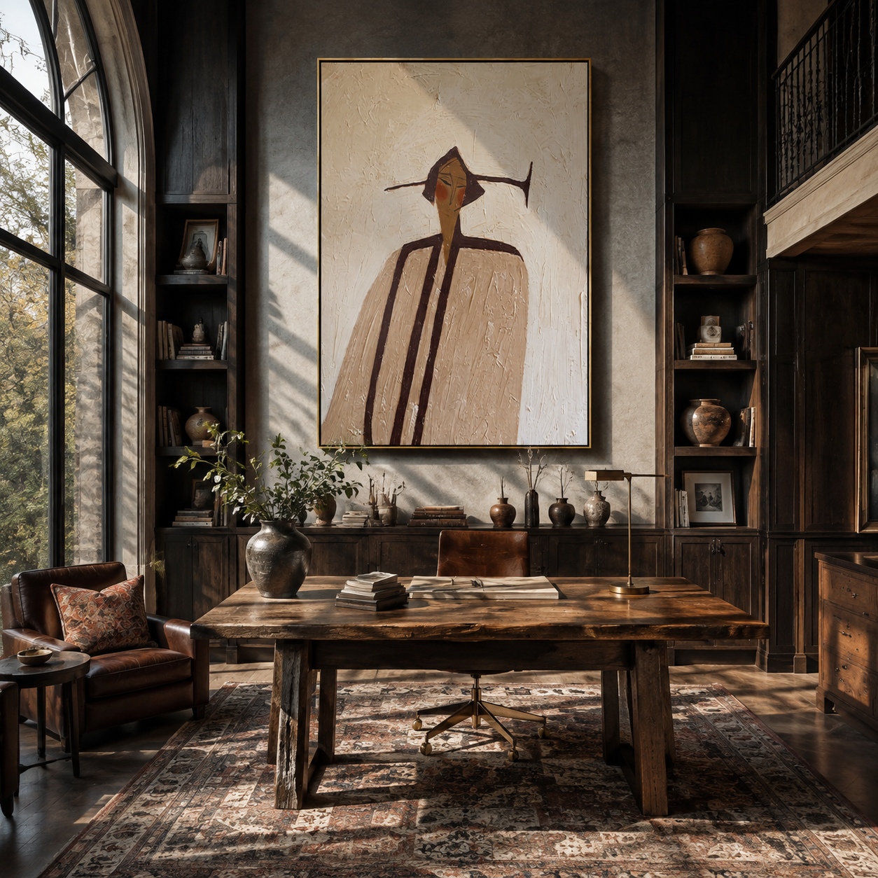 Long Coat Divides Ivory - elongated ivory coat figure by Marcus Lau, Retro Modern vertical wall art – styled room scene view 5