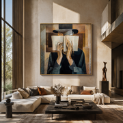 Open Book Hides Noon - cubist reader portrait by Marcus Lau, Retro Modern square wall art – styled room scene view 1