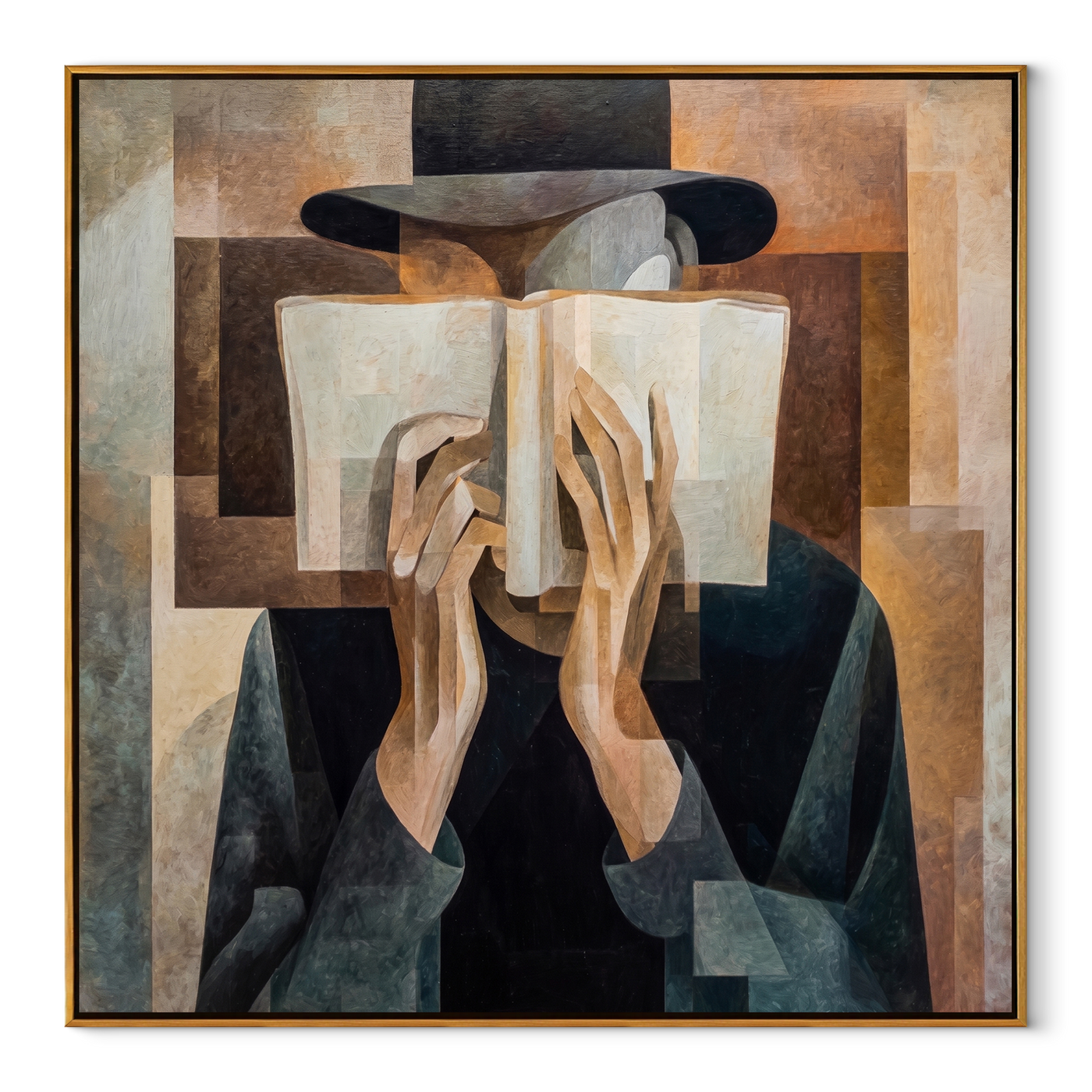 Open Book Hides Noon - cubist reader portrait by Marcus Lau, Retro Modern square wall art – wood frame on white background