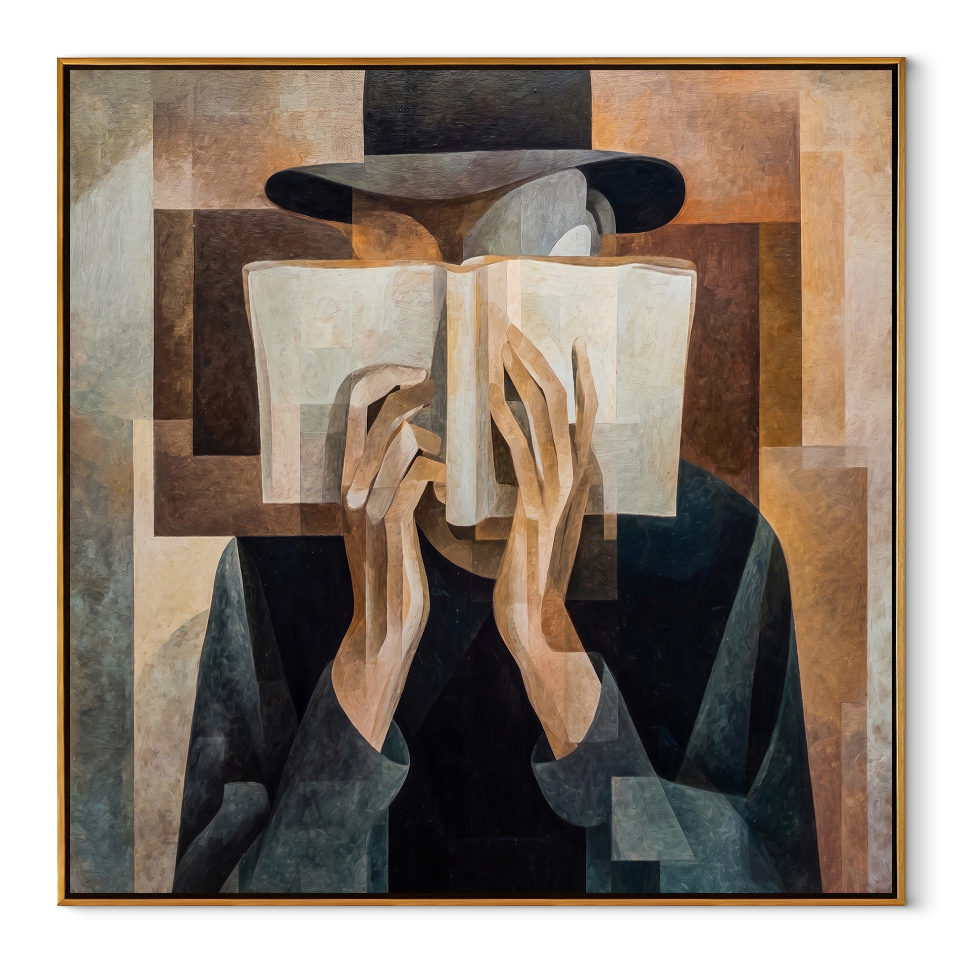 Open Book Hides Noon - cubist reader portrait by Marcus Lau, Retro Modern square wall art – wood frame on white background