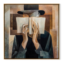 Open Book Hides Noon - cubist reader portrait by Marcus Lau, Retro Modern square wall art – wood frame on white background