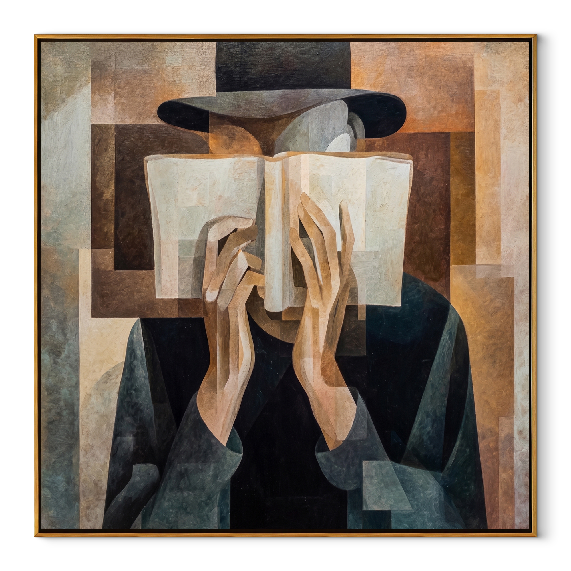 Open Book Hides Noon - cubist reader portrait by Marcus Lau, Retro Modern square wall art – wood frame on white background