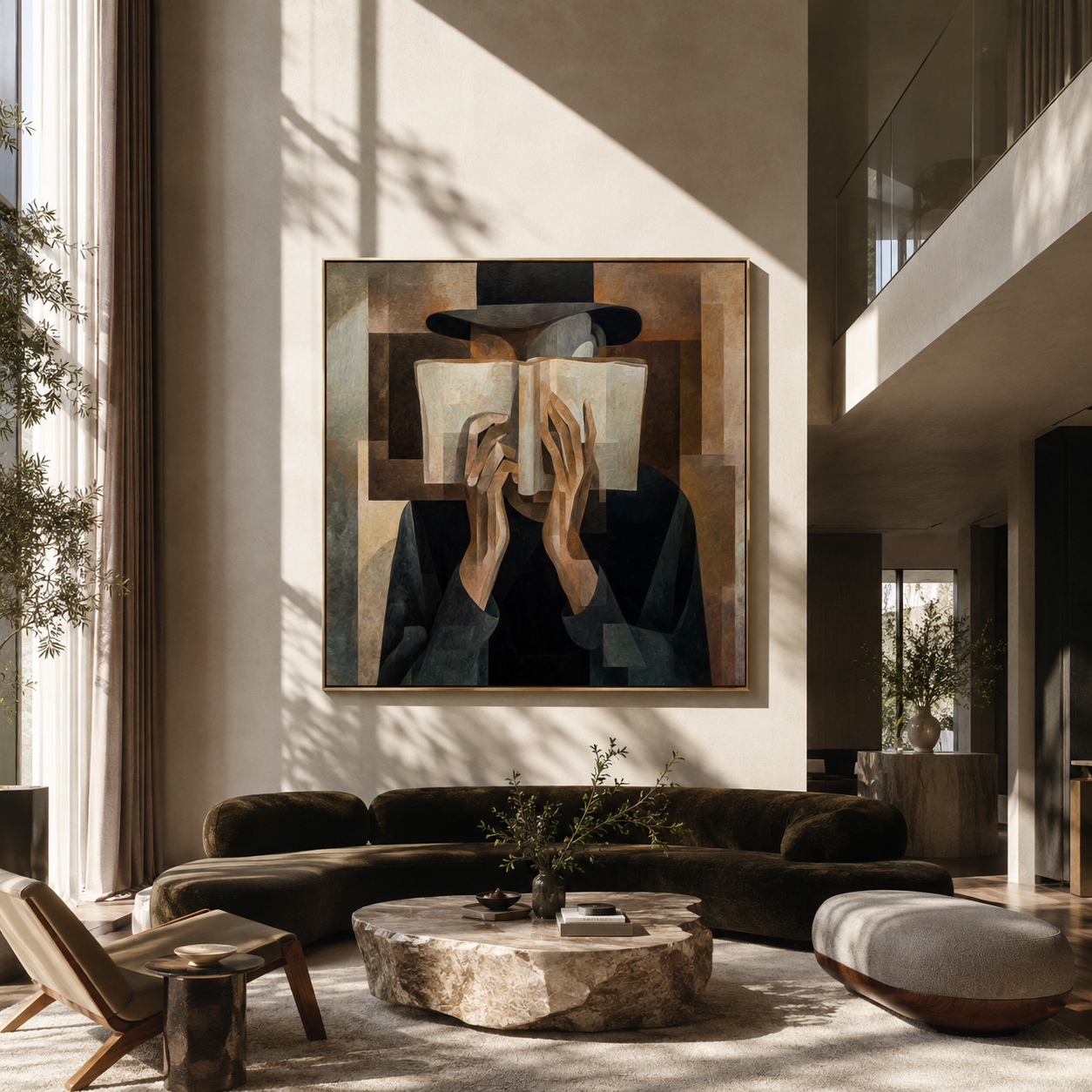 Open Book Hides Noon - cubist reader portrait by Marcus Lau, Retro Modern square wall art – styled room scene view 2