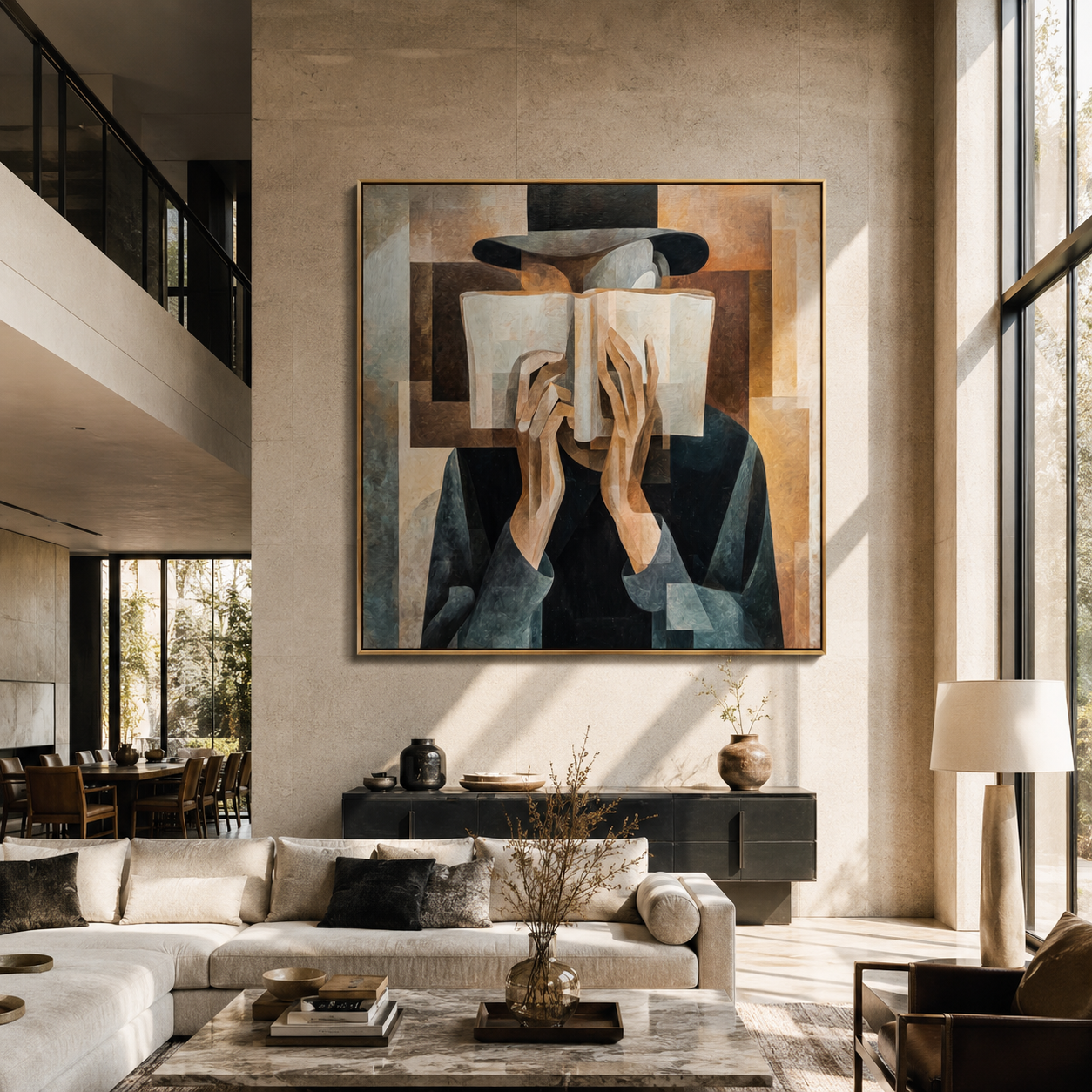 Open Book Hides Noon - cubist reader portrait by Marcus Lau, Retro Modern square wall art – styled room scene view 3