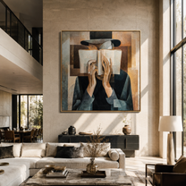 Open Book Hides Noon - cubist reader portrait by Marcus Lau, Retro Modern square wall art – styled room scene view 3