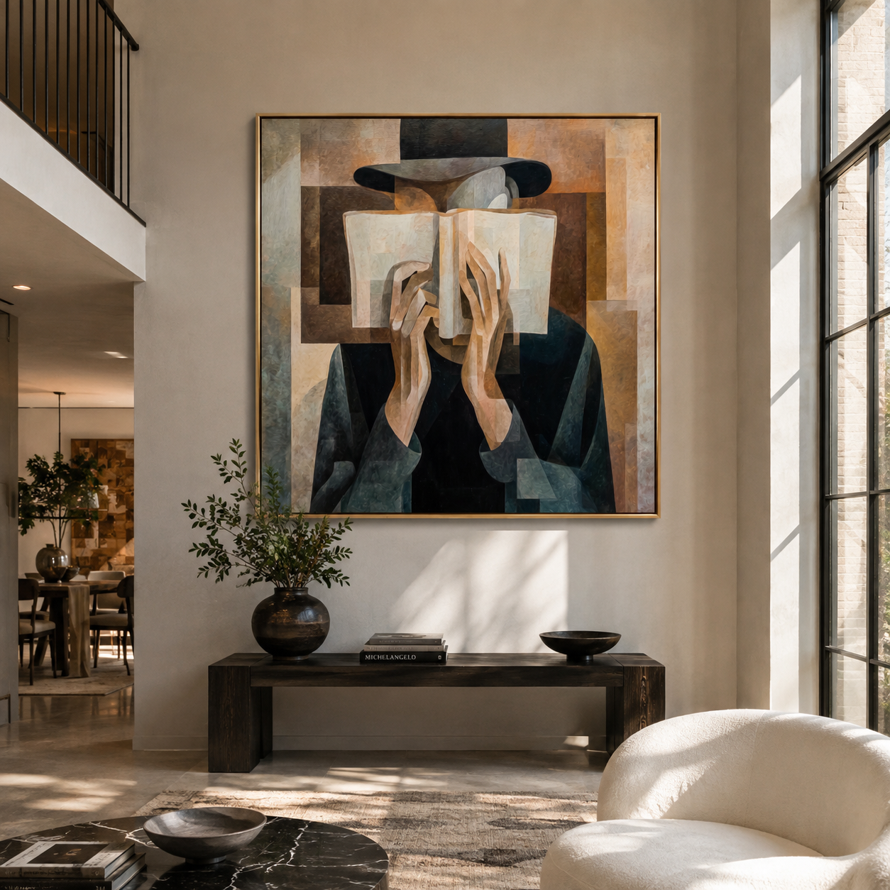 Open Book Hides Noon - cubist reader portrait by Marcus Lau, Retro Modern square wall art – styled room scene view 4