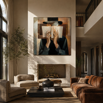 Open Book Hides Noon - cubist reader portrait by Marcus Lau, Retro Modern square wall art – styled room scene view 5