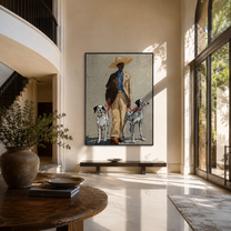 Two Dalmatians Guard Linen - cowboy with two dalmatians by Marcus Lau, Retro Modern vertical wall art – styled room scene view 1