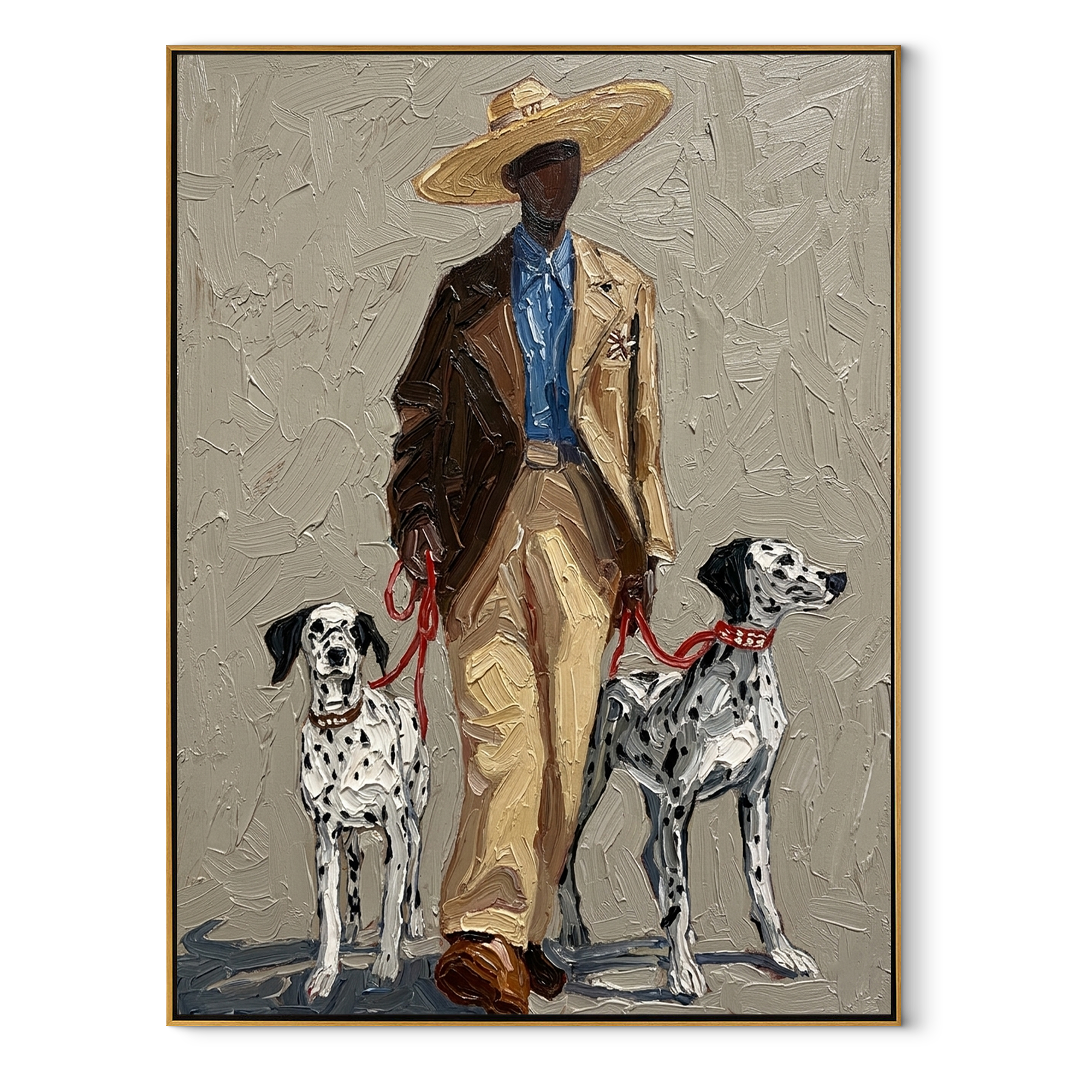 Two Dalmatians Guard Linen - cowboy with two dalmatians by Marcus Lau, Retro Modern vertical wall art – wood frame on white background