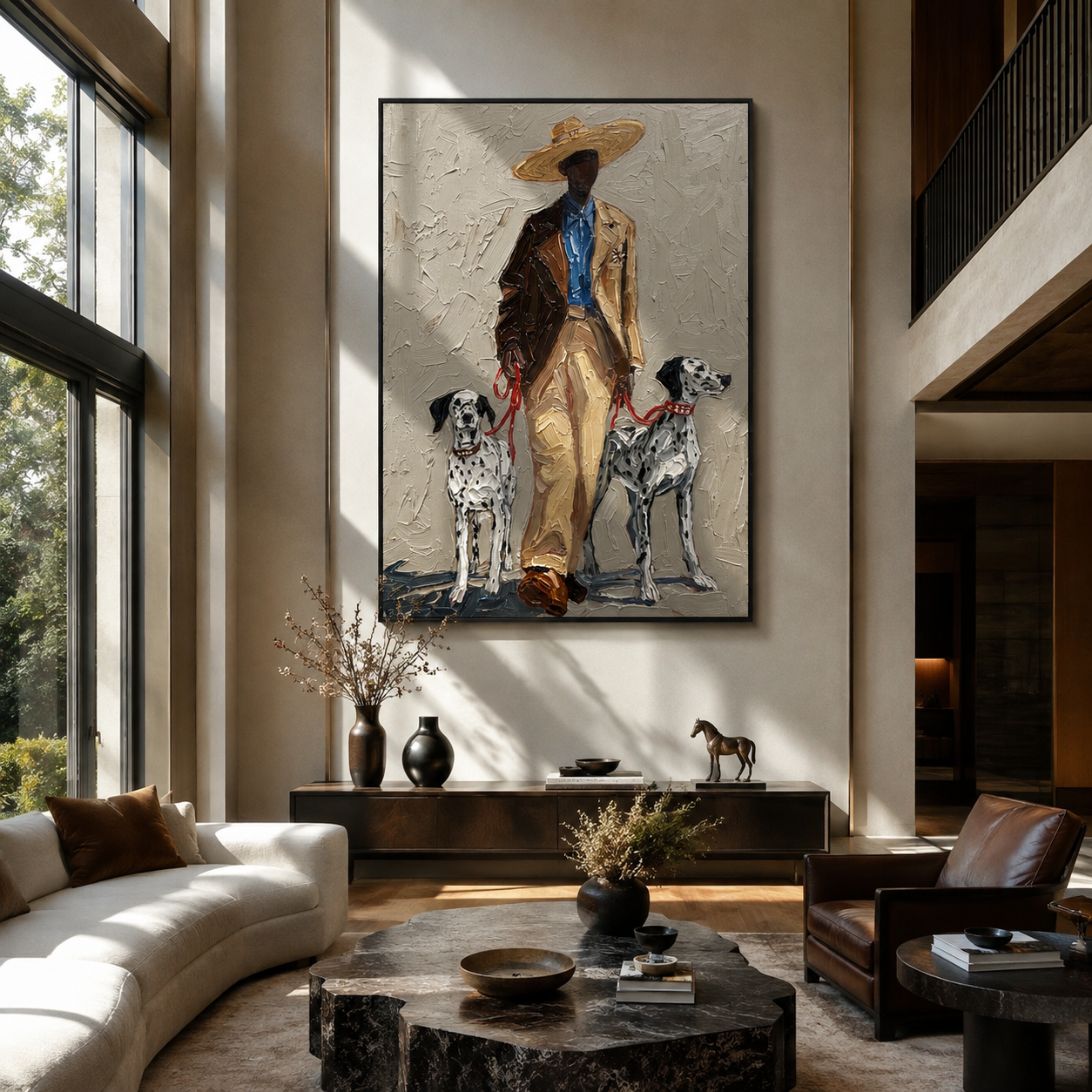 Two Dalmatians Guard Linen - cowboy with two dalmatians by Marcus Lau, Retro Modern vertical wall art – styled room scene view 2