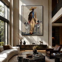Two Dalmatians Guard Linen - cowboy with two dalmatians by Marcus Lau, Retro Modern vertical wall art – styled room scene view 2