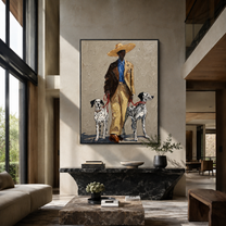 Two Dalmatians Guard Linen - cowboy with two dalmatians by Marcus Lau, Retro Modern vertical wall art – styled room scene view 3