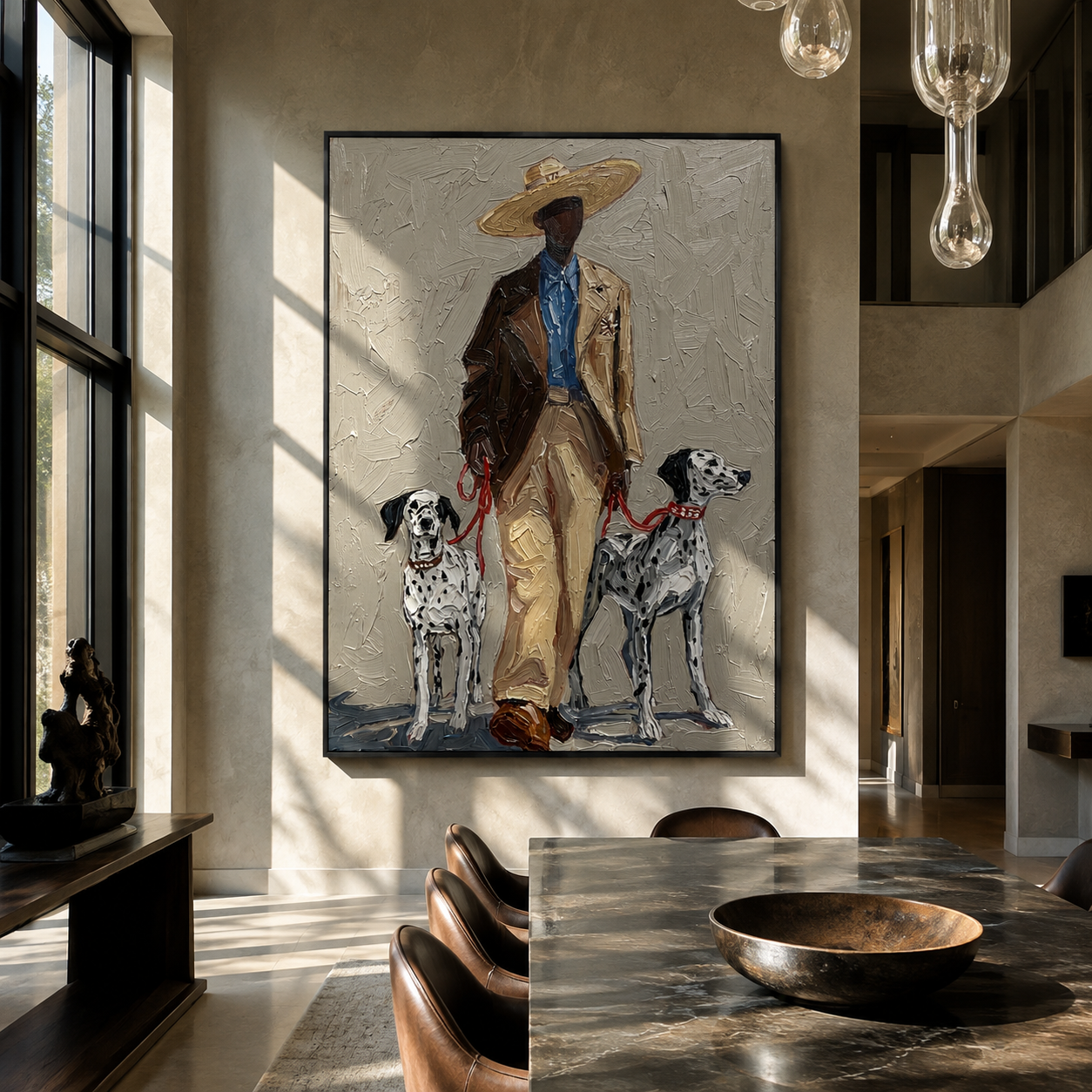 Two Dalmatians Guard Linen - cowboy with two dalmatians by Marcus Lau, Retro Modern vertical wall art – styled room scene view 4