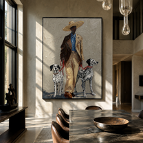 Two Dalmatians Guard Linen - cowboy with two dalmatians by Marcus Lau, Retro Modern vertical wall art – styled room scene view 4
