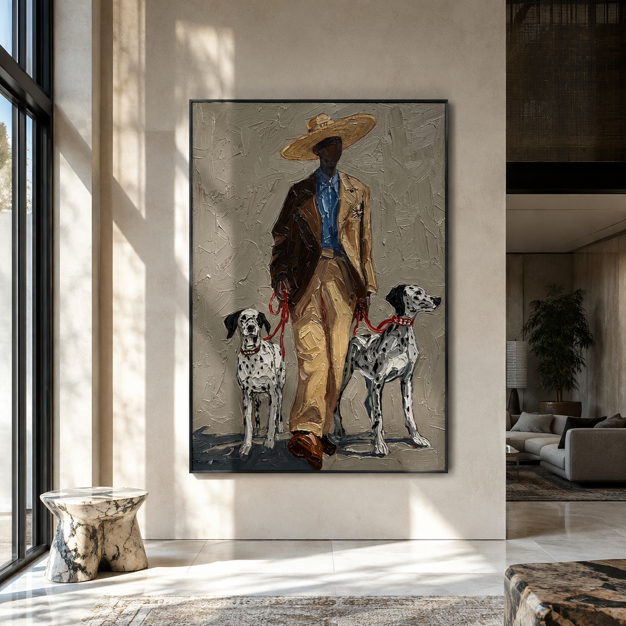 Two Dalmatians Guard Linen - cowboy with two dalmatians by Marcus Lau, Retro Modern vertical wall art – styled room scene view 5