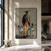 Two Dalmatians Guard Linen - cowboy with two dalmatians by Marcus Lau, Retro Modern vertical wall art – styled room scene view 5