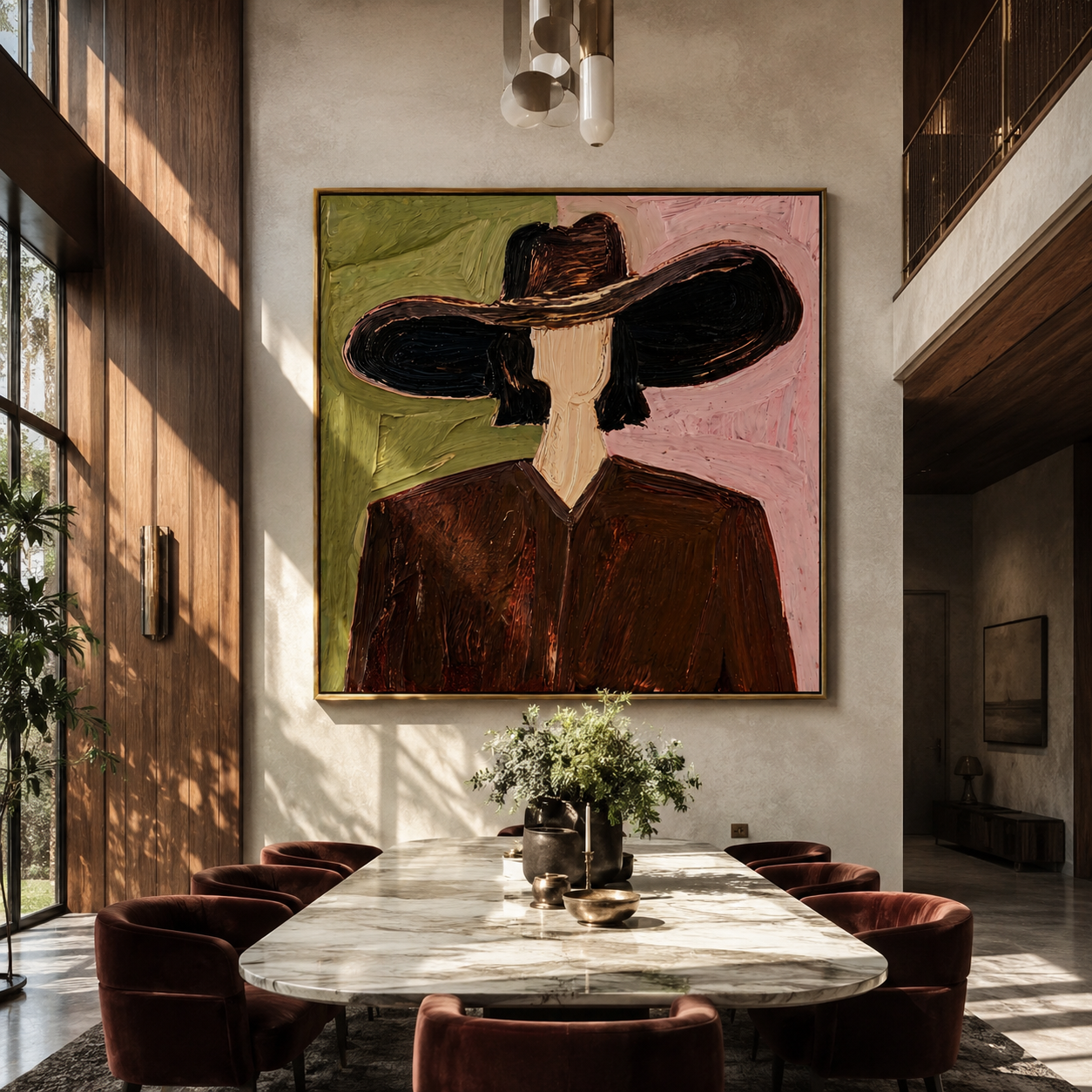 Black Brim Splits Rose - black hat brown figure by Marcus Lau, Retro Modern square wall art – styled room scene view 1