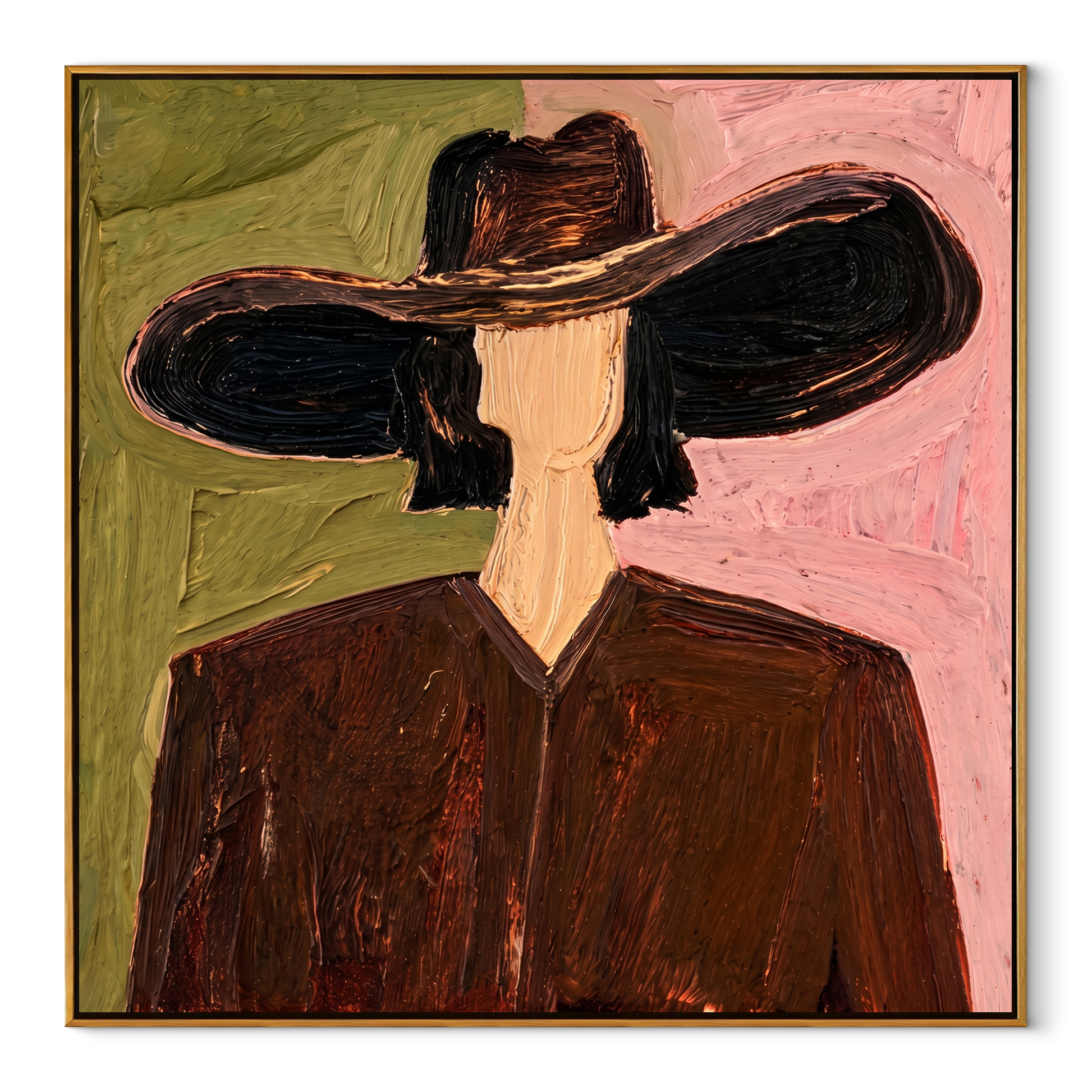 Black Brim Splits Rose - black hat brown figure by Marcus Lau, Retro Modern square wall art – wood frame on white background