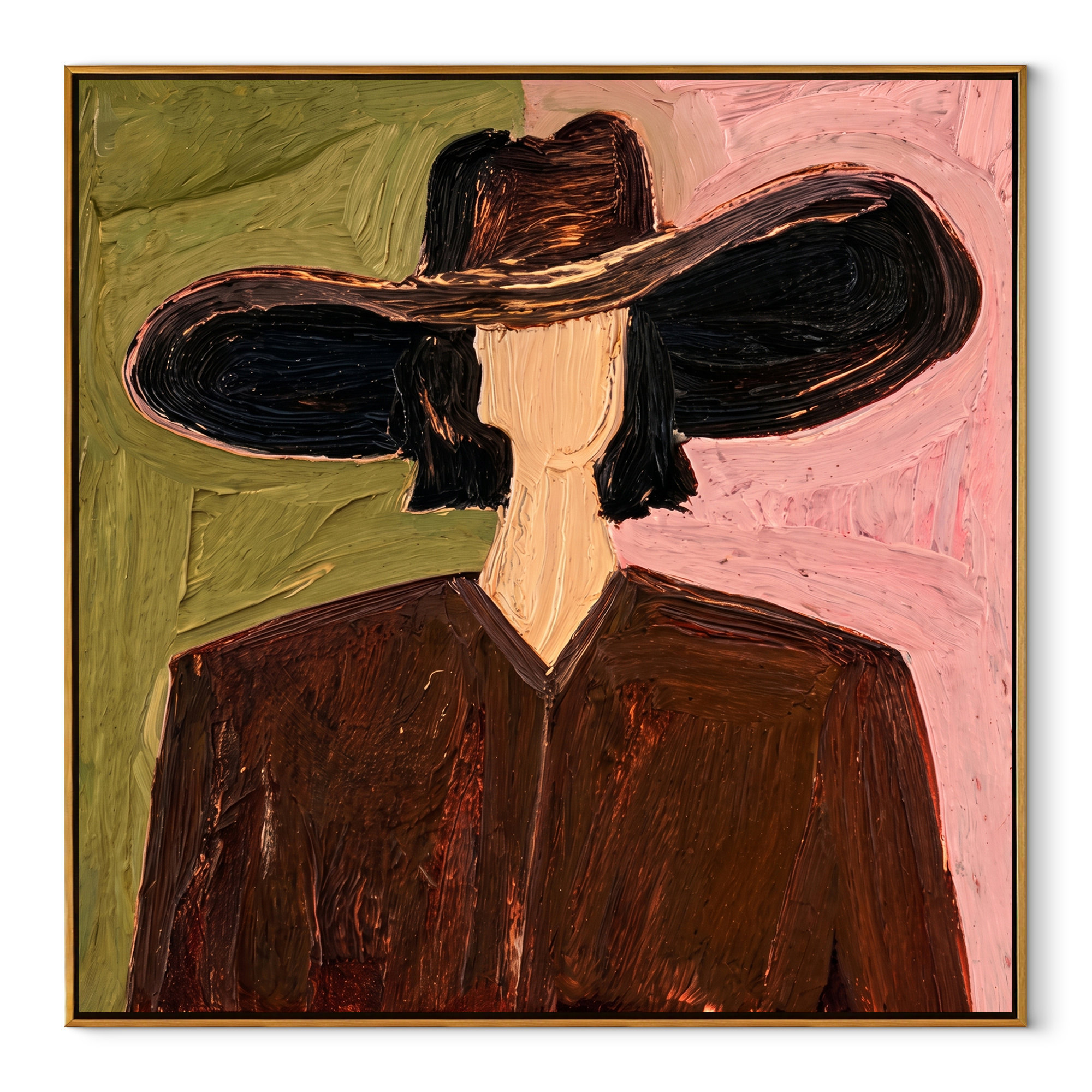 Black Brim Splits Rose - black hat brown figure by Marcus Lau, Retro Modern square wall art – wood frame on white background