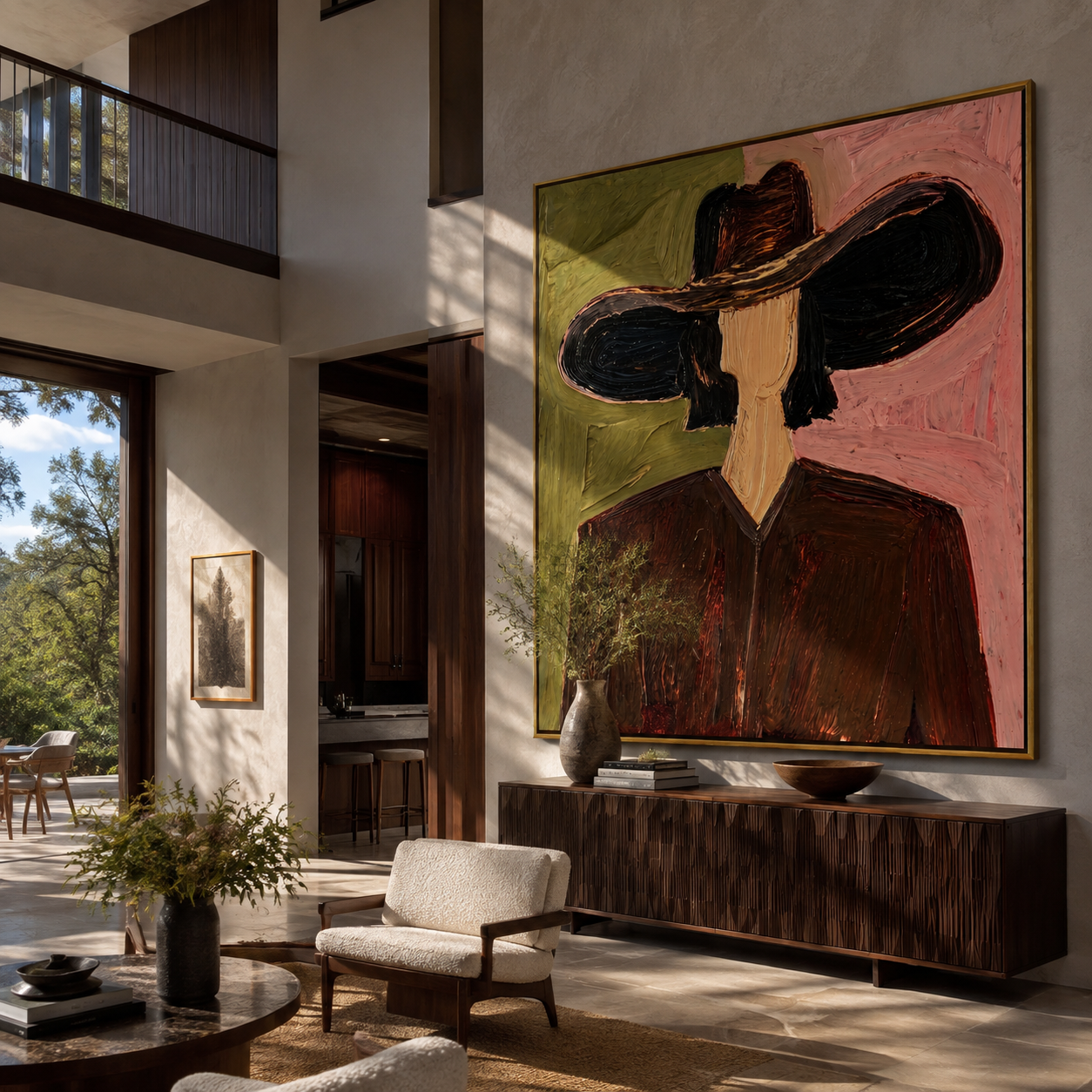 Black Brim Splits Rose - black hat brown figure by Marcus Lau, Retro Modern square wall art – styled room scene view 3