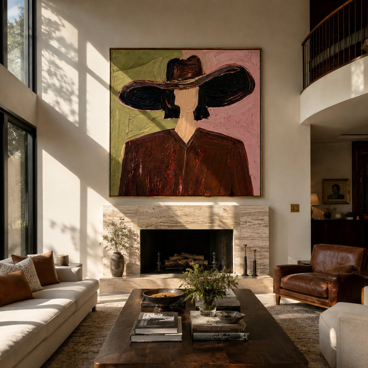 Black Brim Splits Rose - black hat brown figure by Marcus Lau, Retro Modern square wall art – styled room scene view 4