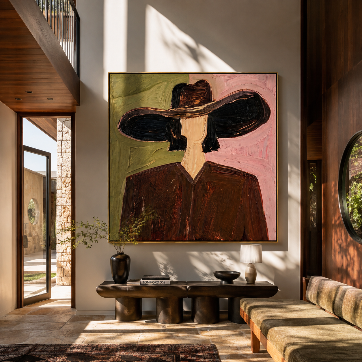 Black Brim Splits Rose - black hat brown figure by Marcus Lau, Retro Modern square wall art – styled room scene view 5