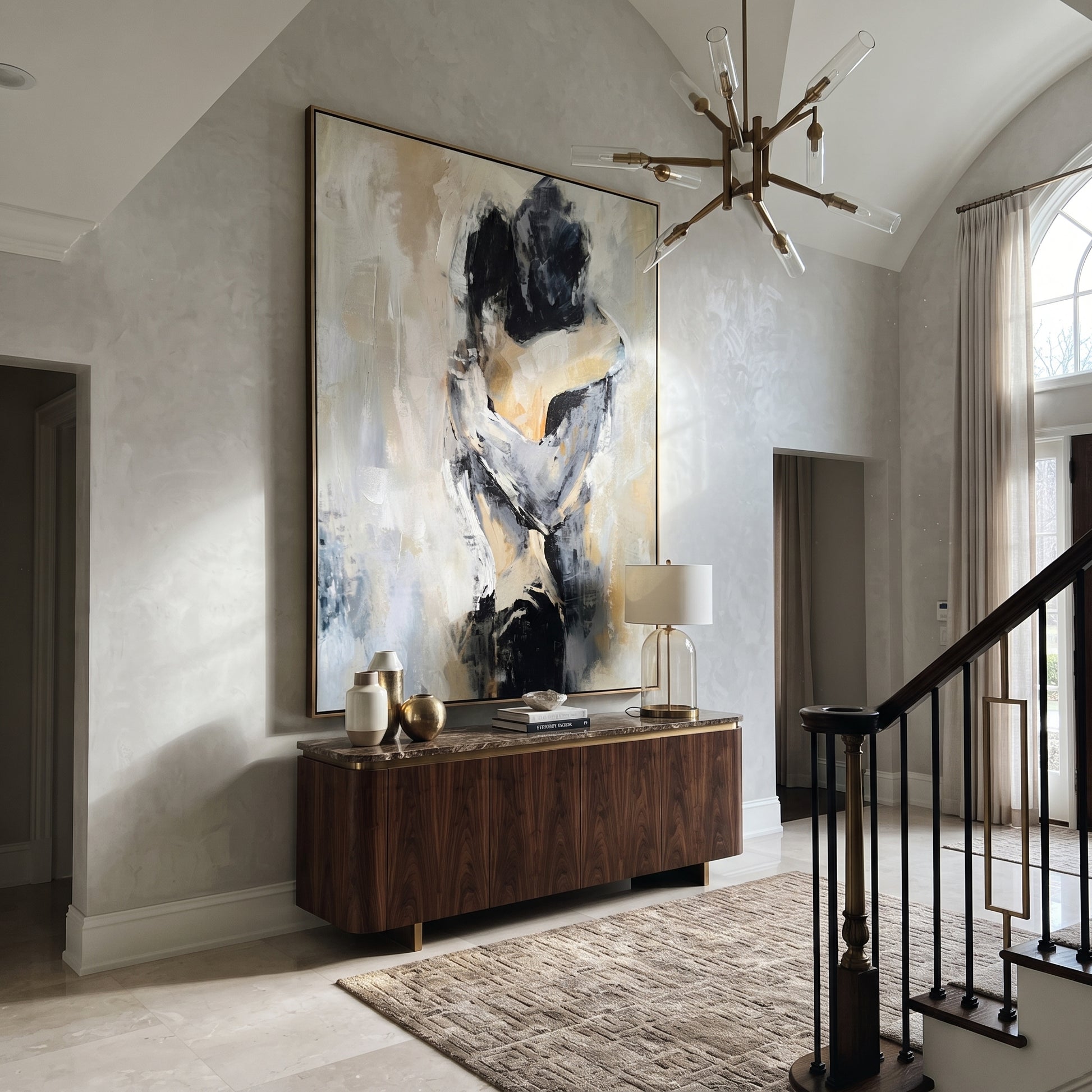 Two Figures Hold Close - abstract embracing couple by Marcus Lau, Retro Modern vertical wall art – styled room scene view 1
