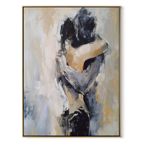 Two Figures Hold Close - abstract embracing couple by Marcus Lau, Retro Modern vertical wall art – wood frame on white background
