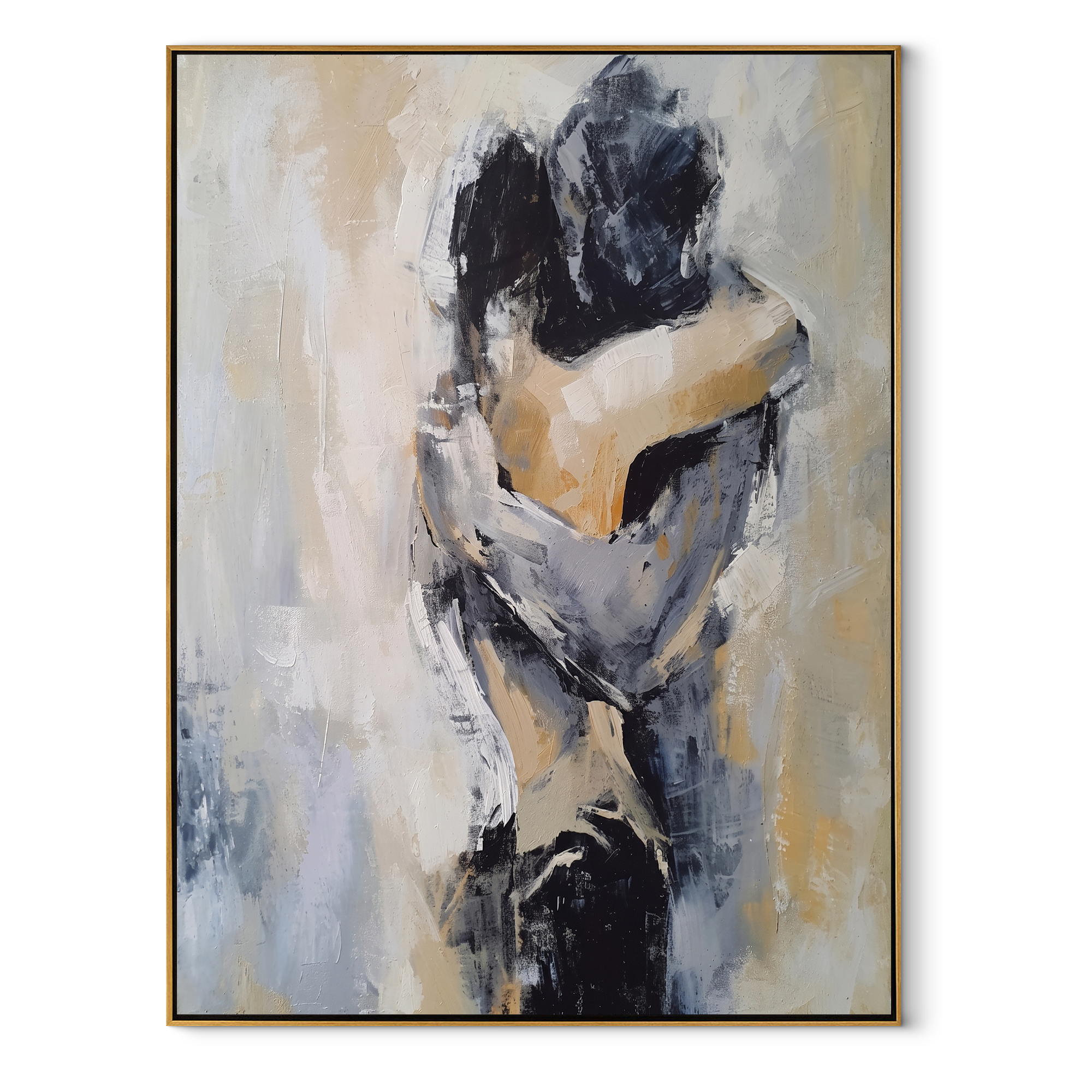 Two Figures Hold Close - abstract embracing couple by Marcus Lau, Retro Modern vertical wall art – wood frame on white background