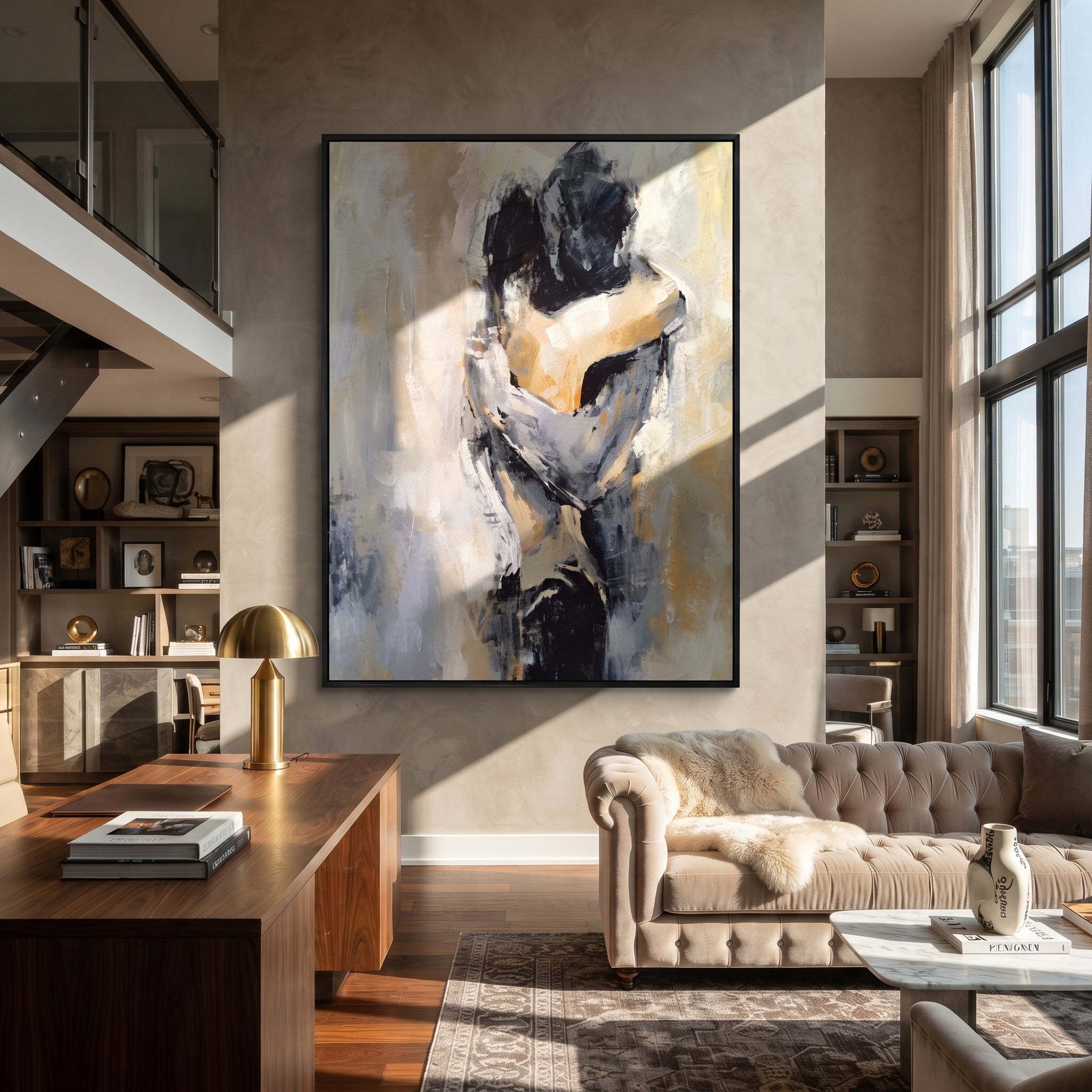 Two Figures Hold Close - abstract embracing couple by Marcus Lau, Retro Modern vertical wall art – styled room scene view 2